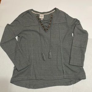 Knox Rose Gray Long Sleeve embroidered V-neck With Tassels Sweater Tunic XL